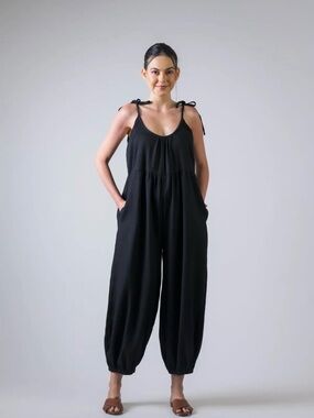 Rhea Black Tie-Shoulder Wide-Leg Cotton Jumpsuit